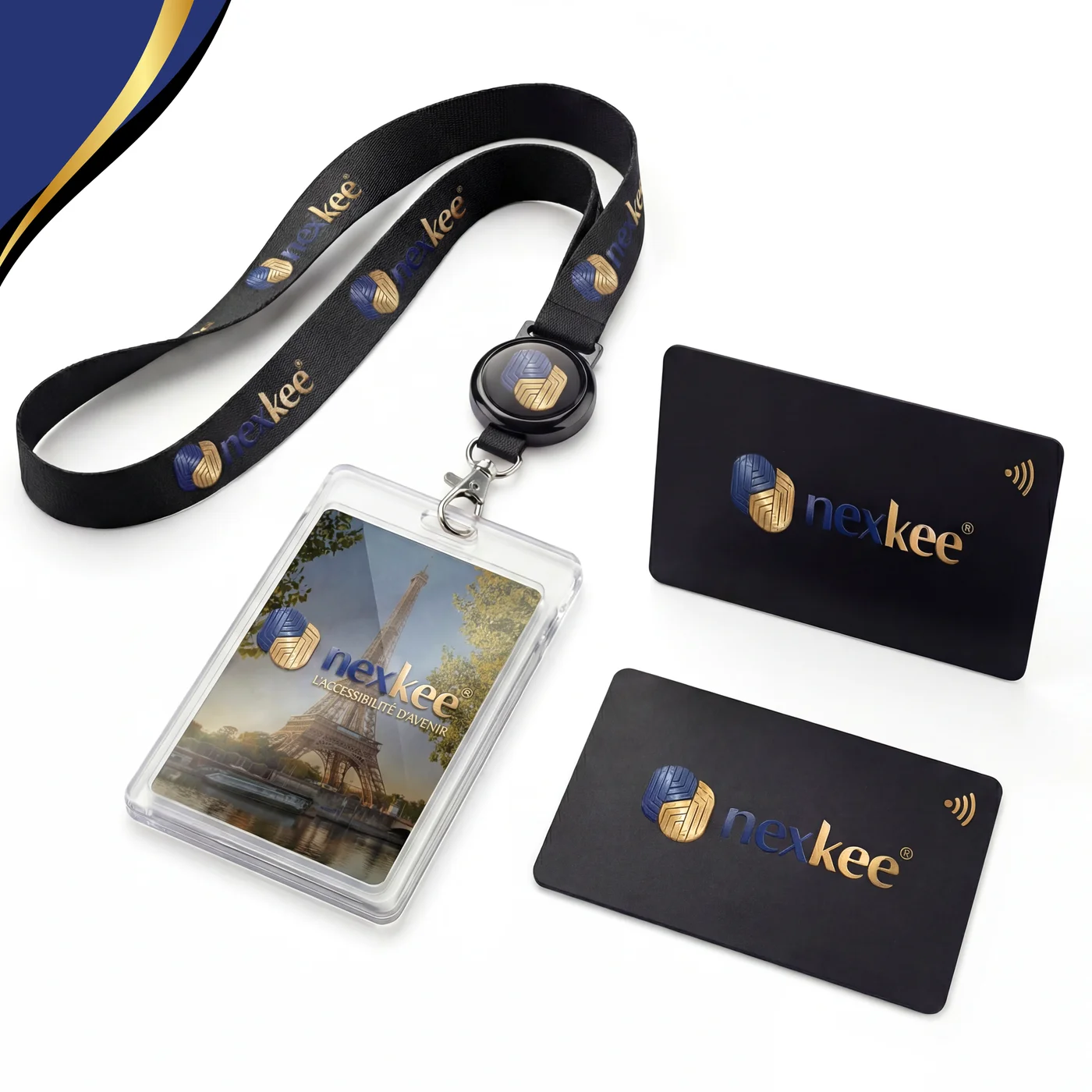 KeePass+ — pack badge RFID nexkee : carte 13,56 MHz, porte-badge transparent et collier personnalisé au logo nexkee