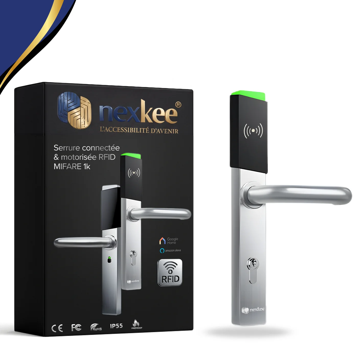 OneKee Pass — coffret de la serrure connectée motorisée RFID nexkee, serrure et boîte produit
