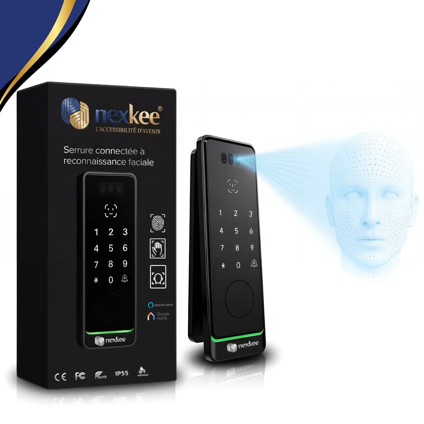 OneKee Vision — coffret de la serrure connectée à reconnaissance faciale nexkee : clavier tactile, empreinte et scan facial, IP55