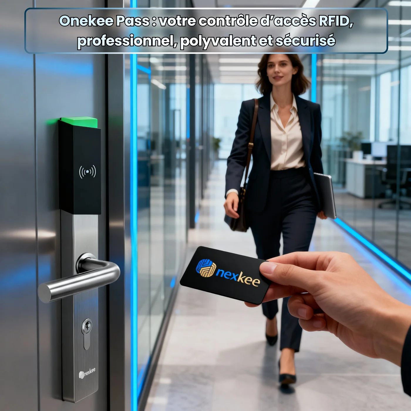 OneKee Pass — contrôle d'accès RFID professionnel et polyvalent : ouverture par badge MIFARE 1k dans un couloir de bureaux