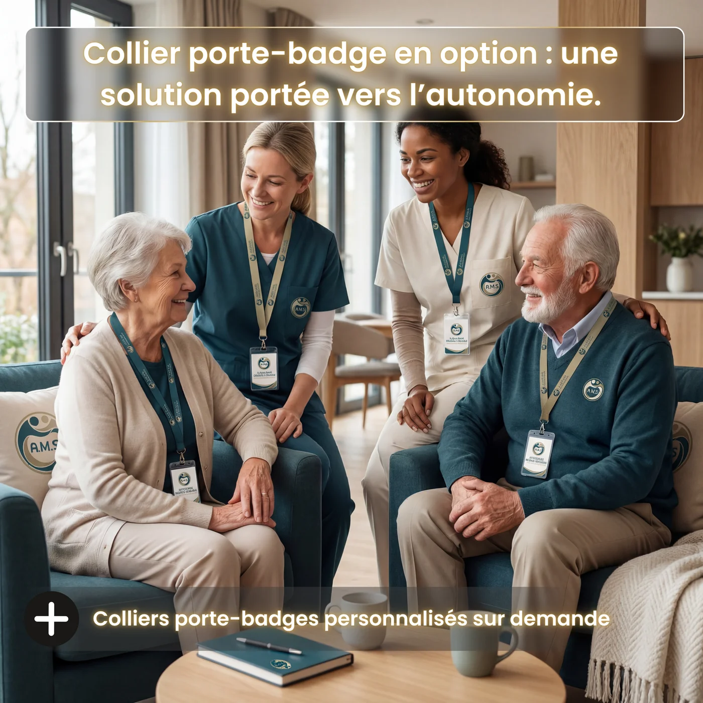 KeePass+ — collier porte-badge en option : solution portée vers l'autonomie, personnalisable sur demande pour résidences et établissements de soins