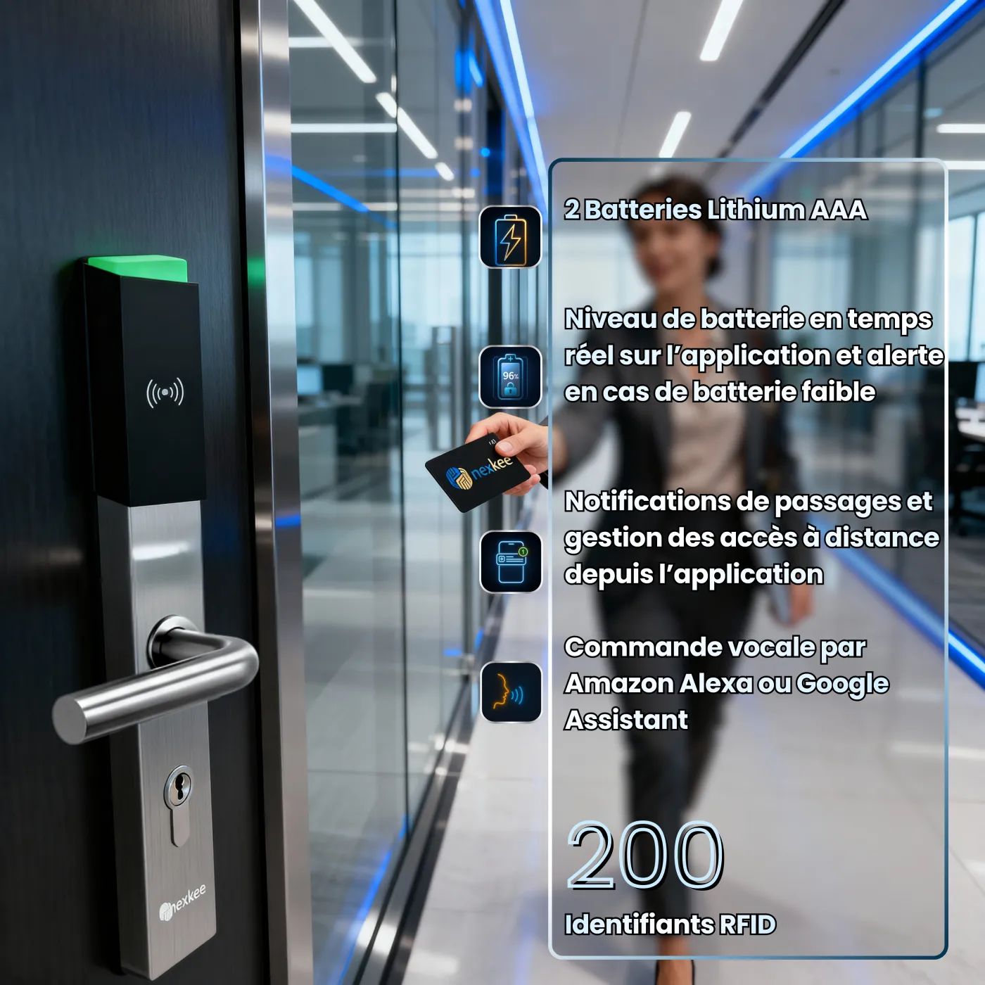 OneKee Pass — fonctionnalités clés : 3 batteries AAA indépendantes, niveau batterie en temps réel, notifications de passages, commande vocale Alexa et Google Assistant, 200 identifiants RFID