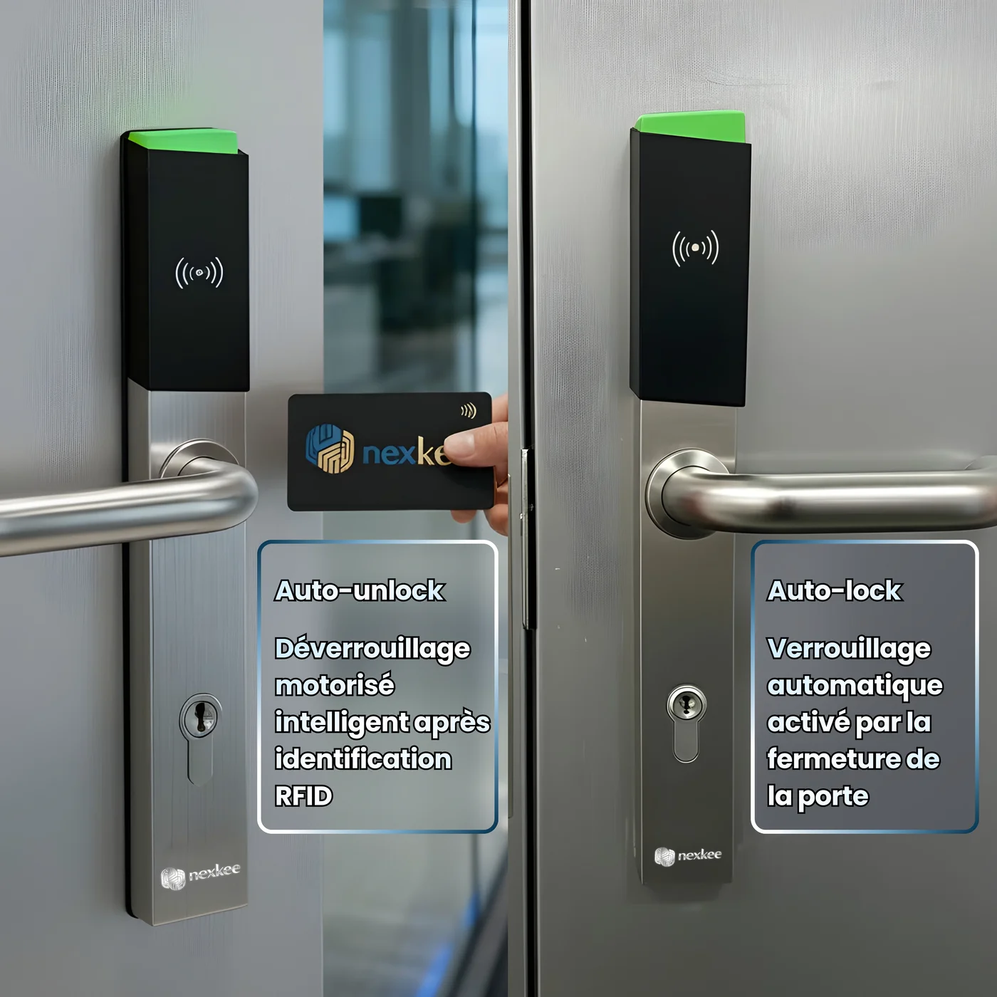 OneKee Pass — déverrouillage motorisé intelligent après identification RFID (auto-unlock) et verrouillage automatique à la fermeture de la porte (auto-lock)