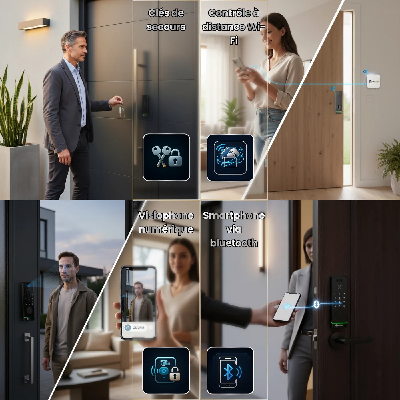 OneKee Vision — 6 modes d'accès complémentaires : clés de secours, contrôle à distance Wi-Fi, visiophone numérique et smartphone via Bluetooth