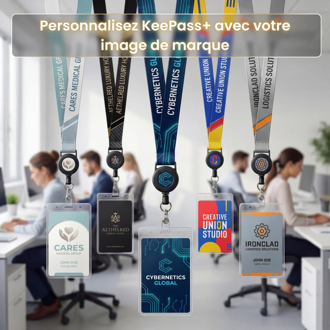 KeePass+ — personnalisez le badge et le collier avec votre image de marque : impression logo, couleurs et visuels sur mesure