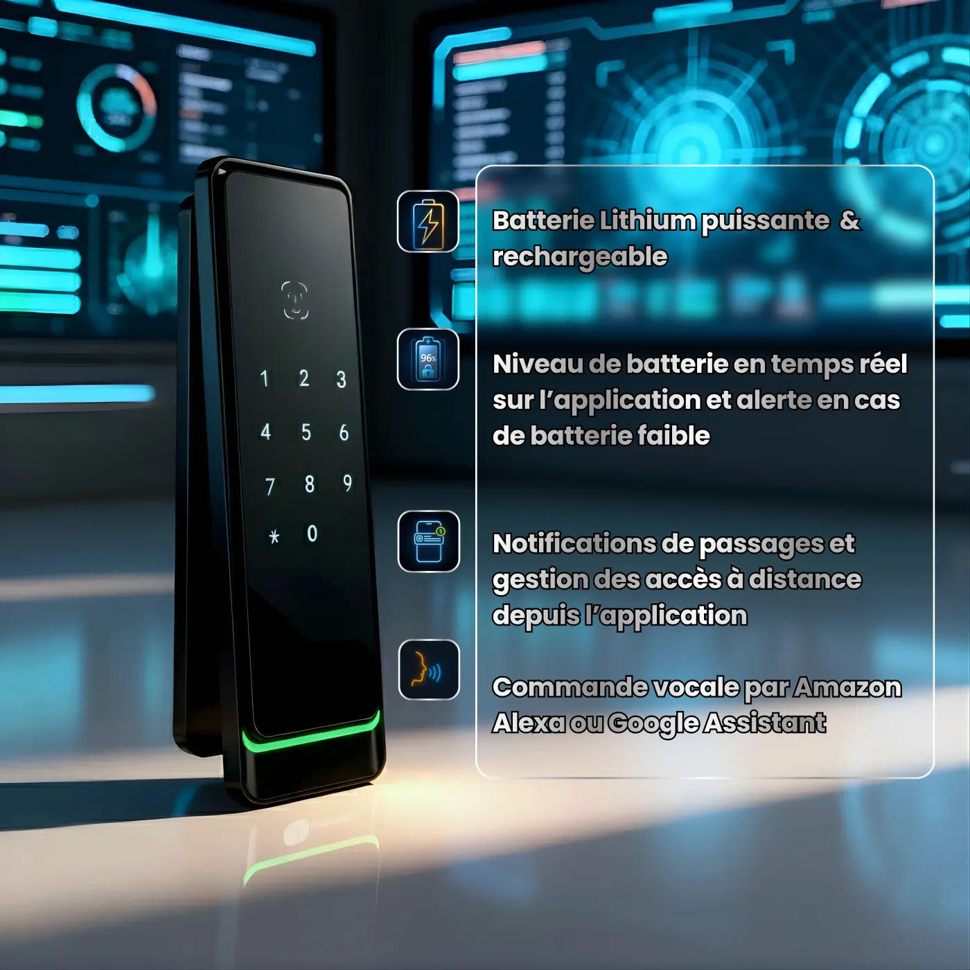 OneKee Vision — fonctionnalités clés : 4 batteries AA indépendantes, niveau batterie en temps réel, notifications de passages, commande vocale Alexa et Google Assistant