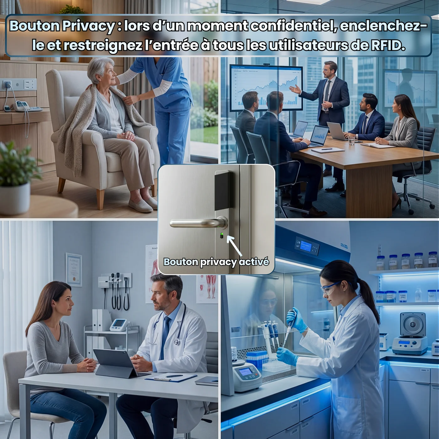 OneKee Pass — bouton Privacy : mode confidentialité qui restreint l'entrée à tous les utilisateurs RFID, idéal pour cabinets médicaux, salles de réunion et laboratoires