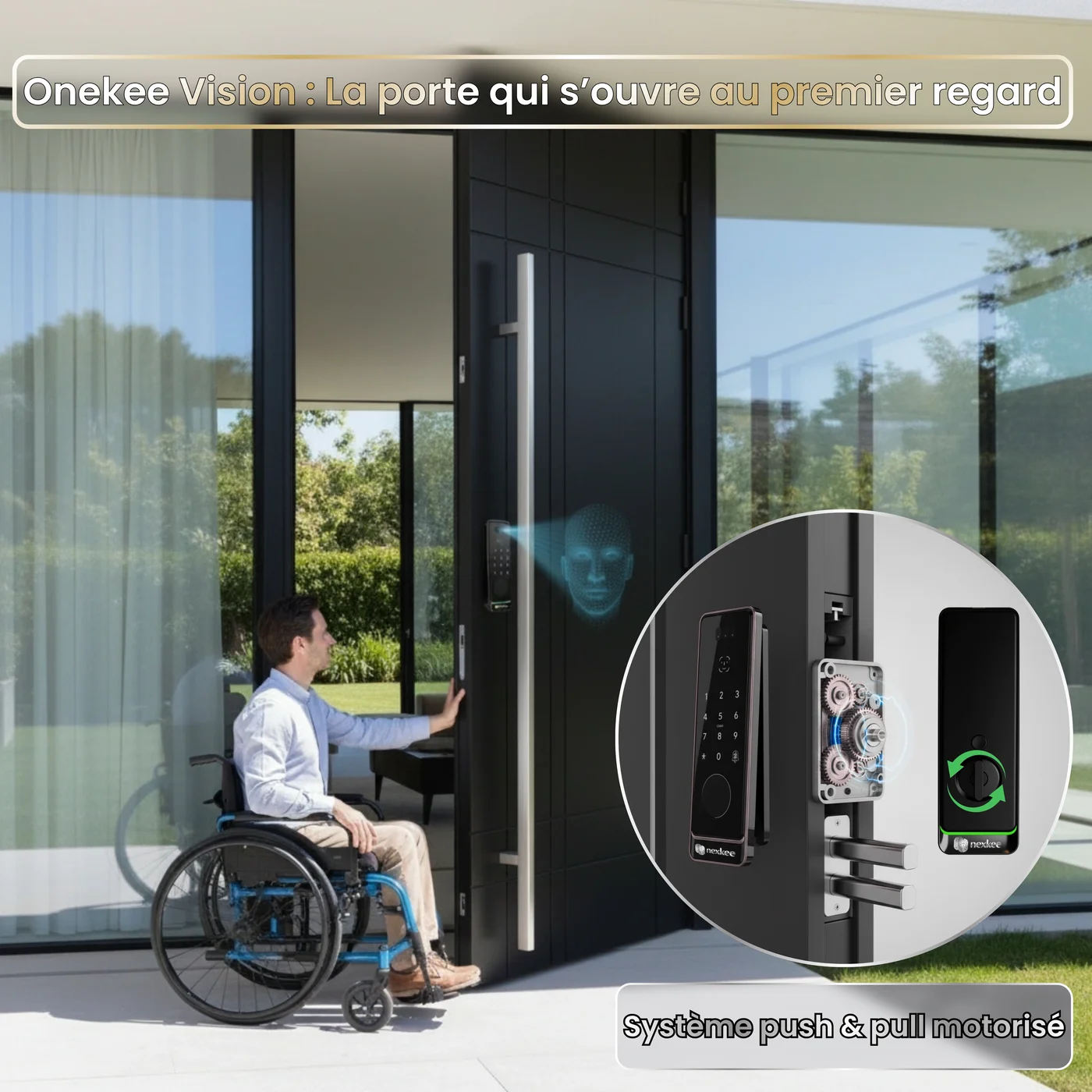 OneKee Vision — système push & pull motorisé : la porte s'ouvre au premier regard, accessible aux personnes à mobilité réduite
